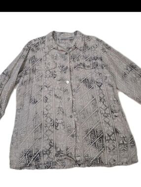 Women's size large 100% linen roll tab long to 3/4 sleeve button up blouse top w